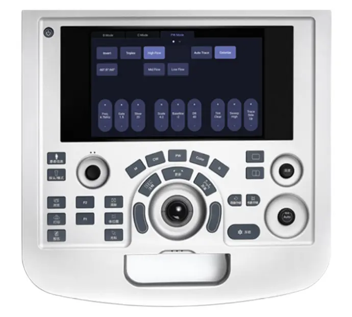 Panel de control ergonómico del ecógrafo Edan AX3 con botones retroiluminados