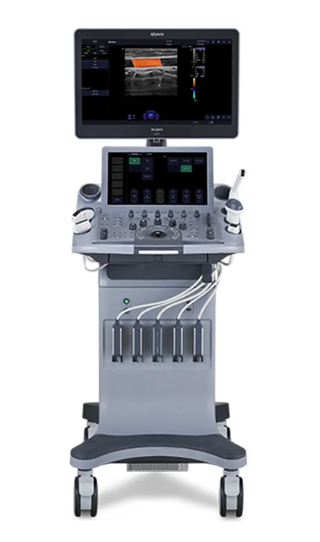 Ecógrafo Edan LX9 de alta gama con pantalla grande y carro integrado
