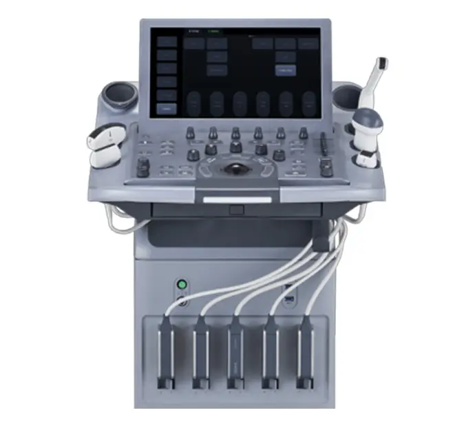 Ecógrafo Edan LX9 en uso en hospital, conectado a transductor lineal para diagnóstico vascular