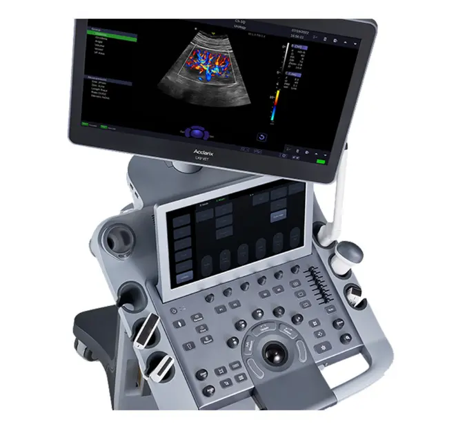 Panel de control del ecógrafo Edan LX9 con botones retroiluminados y pantalla táctil auxiliar